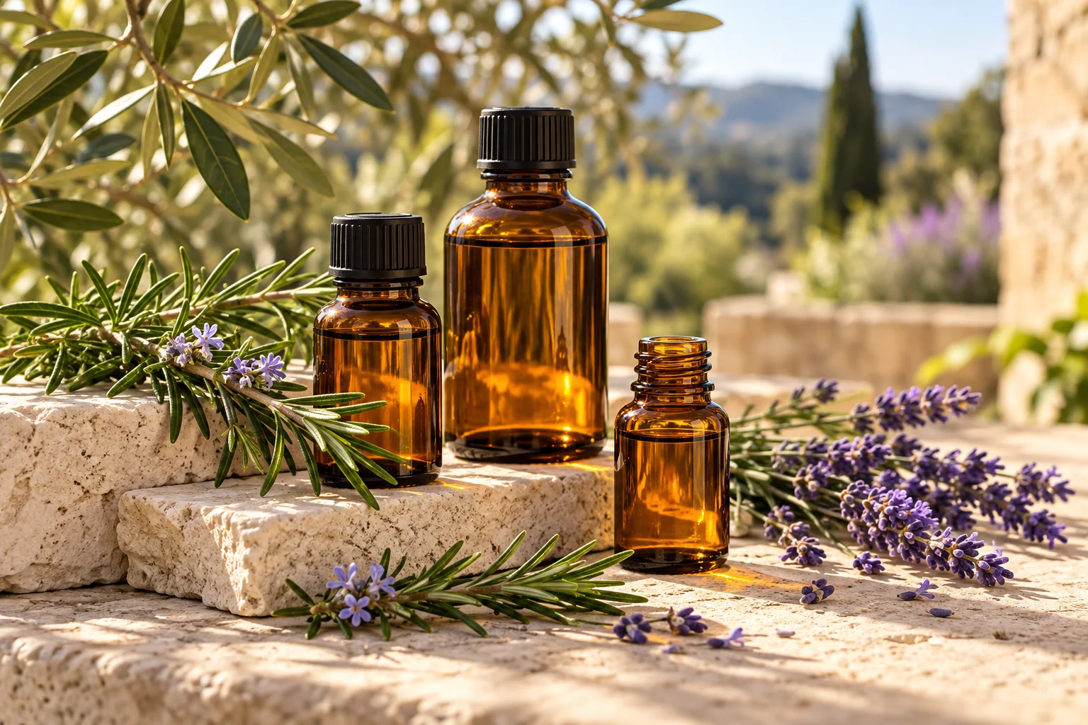 Illustrative botanical still life with amber glass, rosemary and lavender